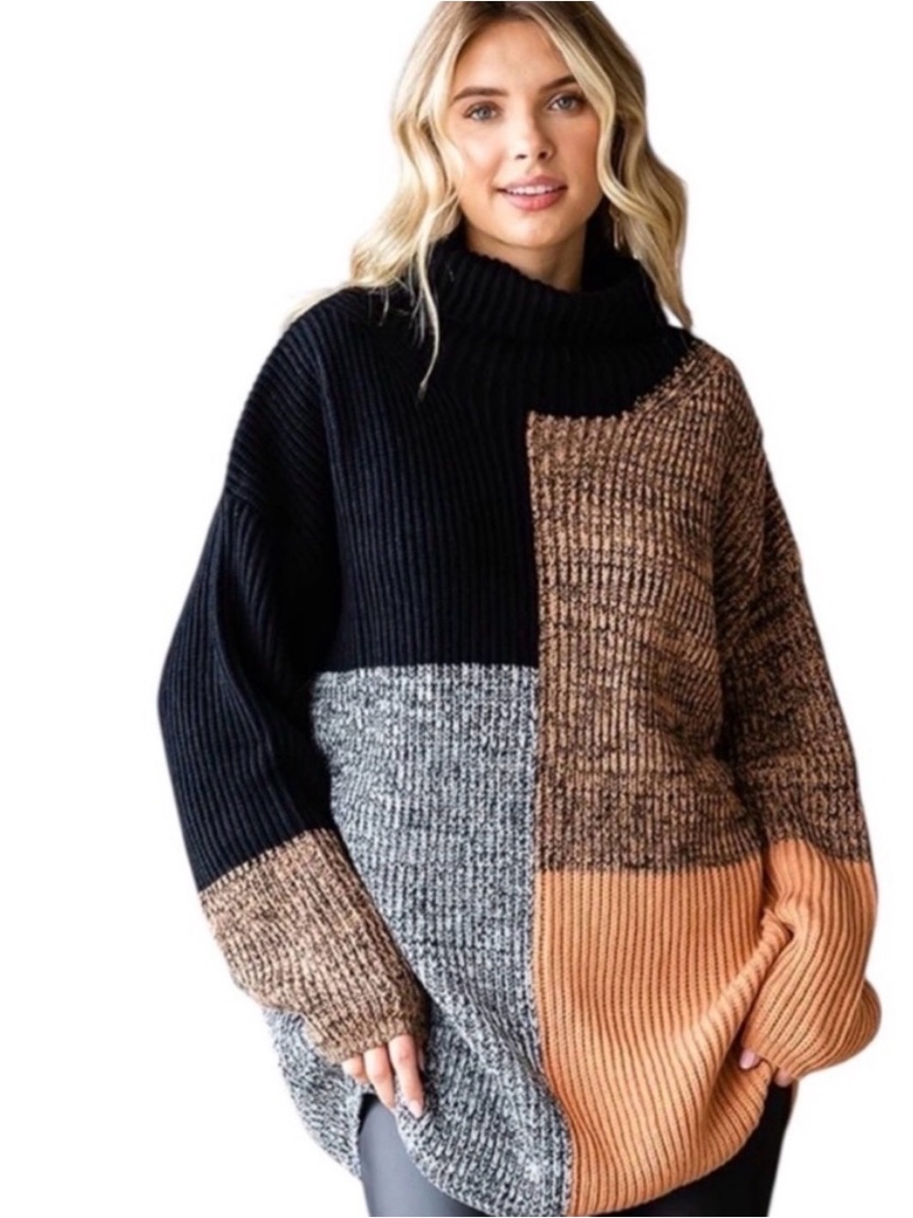 First Love Black, Brown, Tan, Gray Oversized Cowl Neck Colorblock Sweater